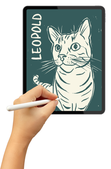 Hand-drawn pet portrait of a tabby cat named Leopold on a tablet